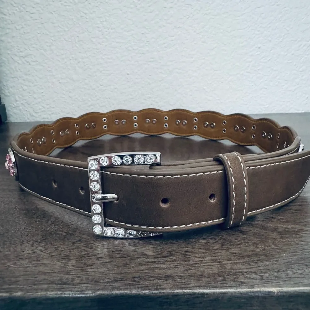Nocona Belt Co. Pink Rhinestone Bling Silver Hearts Brown Belt